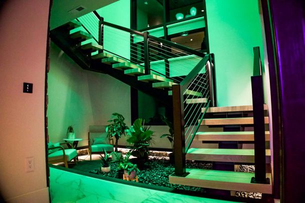 Interior staircase with green mood lighting, modern design, and plants beneath the stairs.