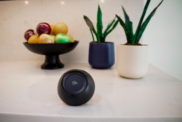 A black Josh AI Micro on a kitchen counter with fruits and potted plants in the background.